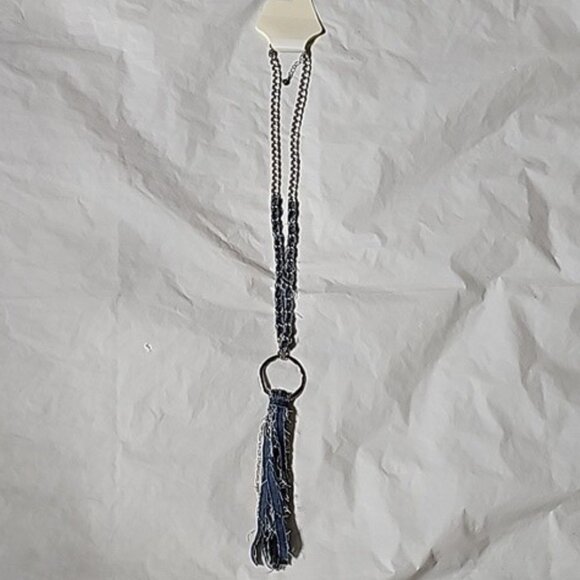 CATO Long Frayed Denim with Silver Chain Tassel Necklace New - Picture 2 of 11